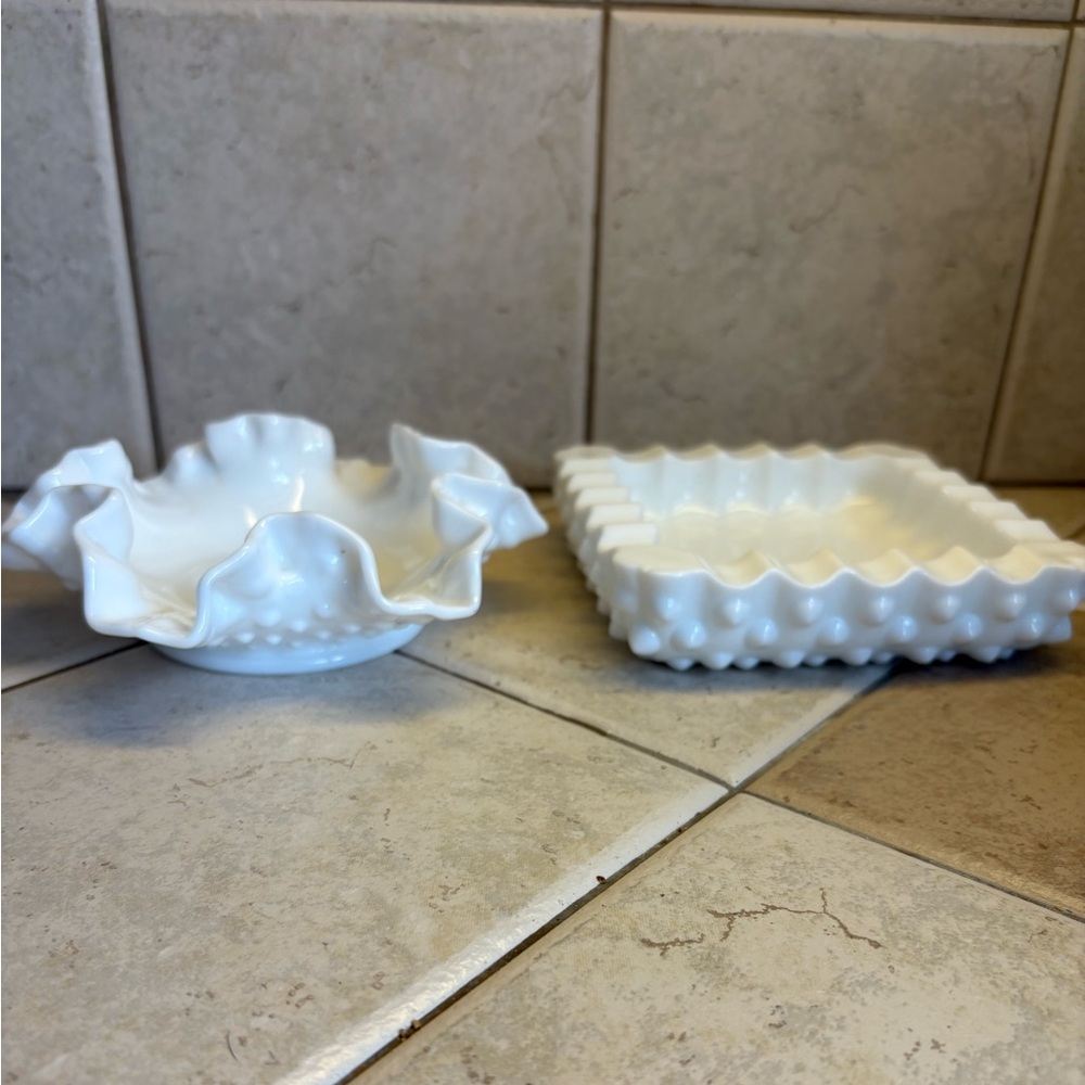 Set of Fenton Art Glass Hobnail Milk Glass Bonbon Bowl Double Crimped